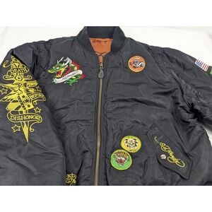Ed Hardy Bomber Jacket Mens XL Y2K Death‎ Before Dishonor Bull Dog Reversible